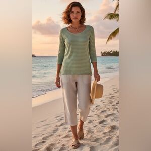 🌿 Tommy Bahama Green & Taupe Striped Cotton Top – 3/4 Sleeves, Size Medium 👚